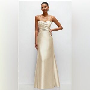 ALFRED SUNG Strapless Satin Gown in Champagne Gold